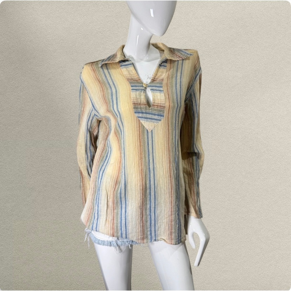 Vintage Y2K The Devil Shirt Co Gauze Stripe Pullover – Unisex Large Surfer Boho